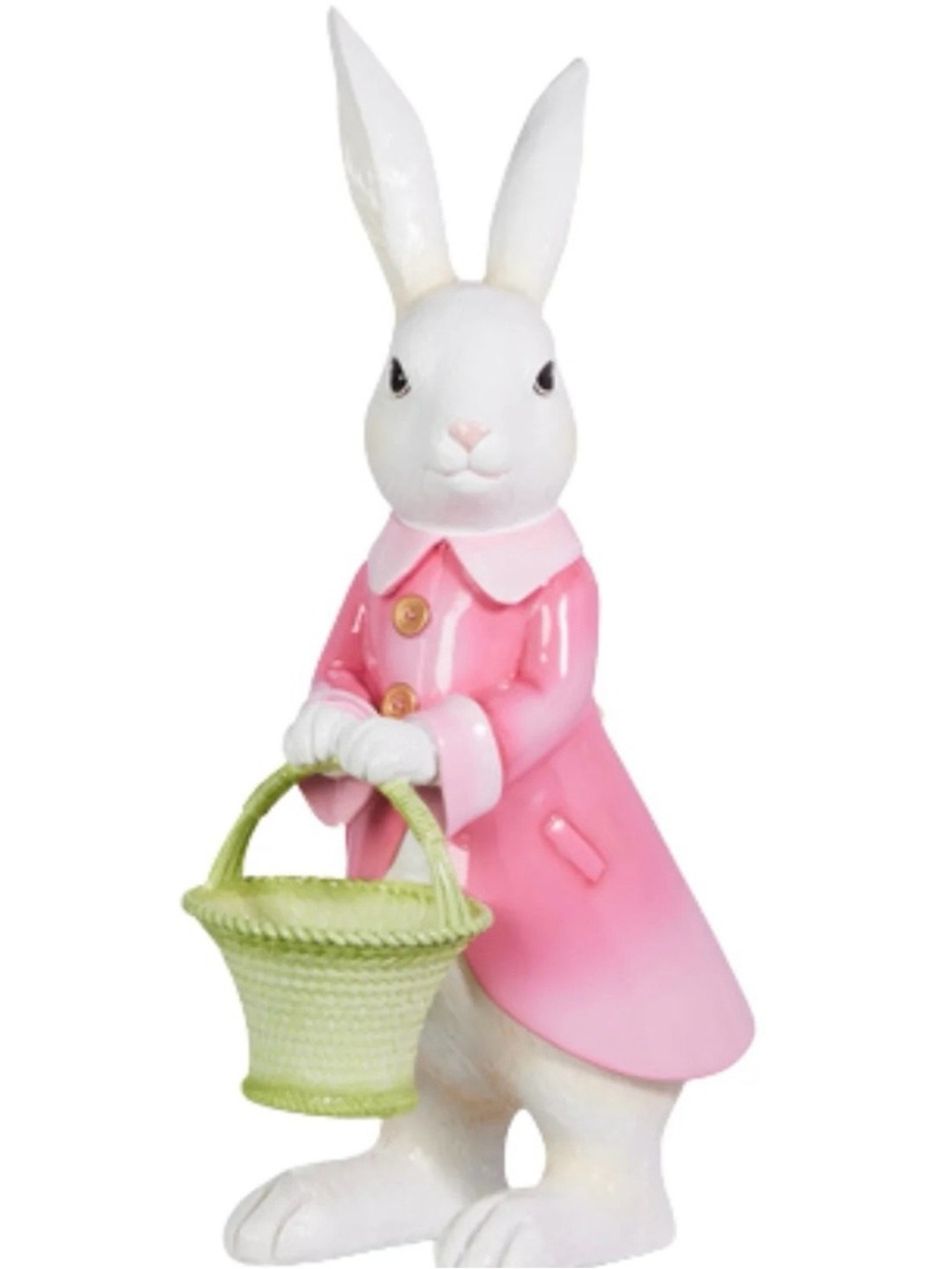 SOLD OUT~Large  Bunny Figurine with a pink top coat with a Green Basket